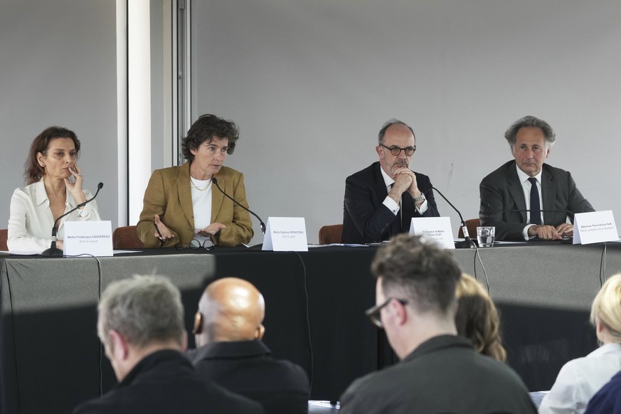 Kylian Mbappe&#039;s lawyers Delphine Verheyden, second right, Frederique Cassereau, right, Thomas Clay and Pierre-Olivier Sur, right, attend a press conference, Thursday, April 10, 2025 in Paris. (AP ...