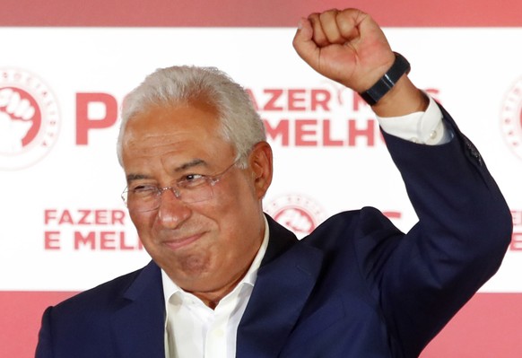 Portuguese Prime Minister and Socialist Party leader Antonio Costa celebrates after wining the Portugal election, in Lisbon Sunday night, Oct. 6, 2019. Portugal&#039;s center-left Socialist Party has  ...