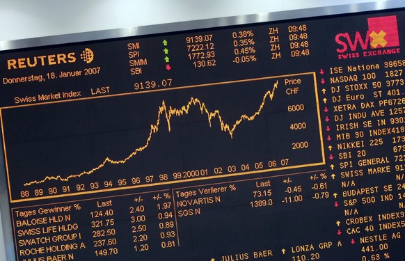 Der Swiss Market Index (SMI) auf Hoehenflug am Donnerstag, 18. Januar 2007, bei der grossen Anzeigetafel in der Boerse Zuerich. (KEYSTONE/Eddy Risch)