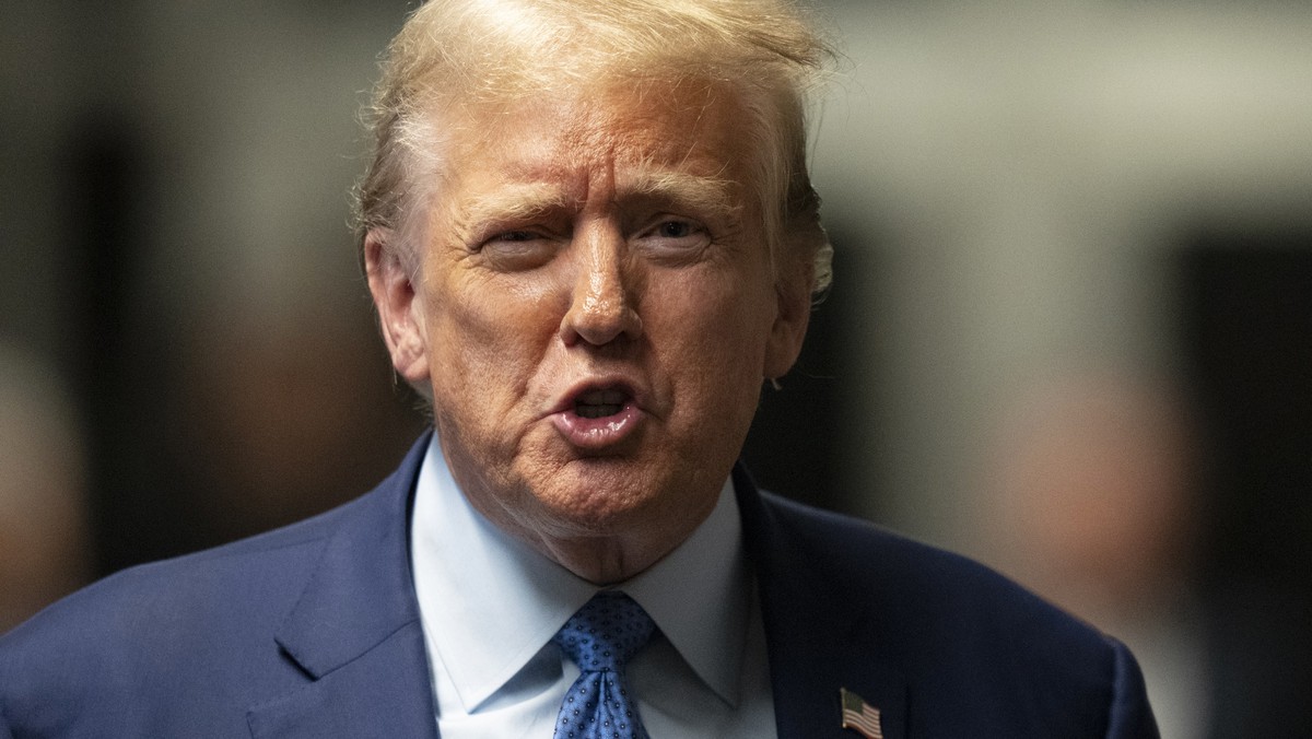 Republican presidential candidate, former President Donald Trump speaks to the media outside his trial at Manhattan criminal court Thursday, May 9, 2024, in New York. (Steven Hirsch/New York Post via  ...