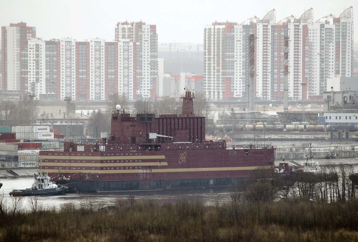 FILE - In this Saturday, April 28, 2018 file photo, the floating nuclear power plant, the 'Akademik Lomonosov', is towed out of the St. Petersburg shipyard where it was constructed in St. Pe ...