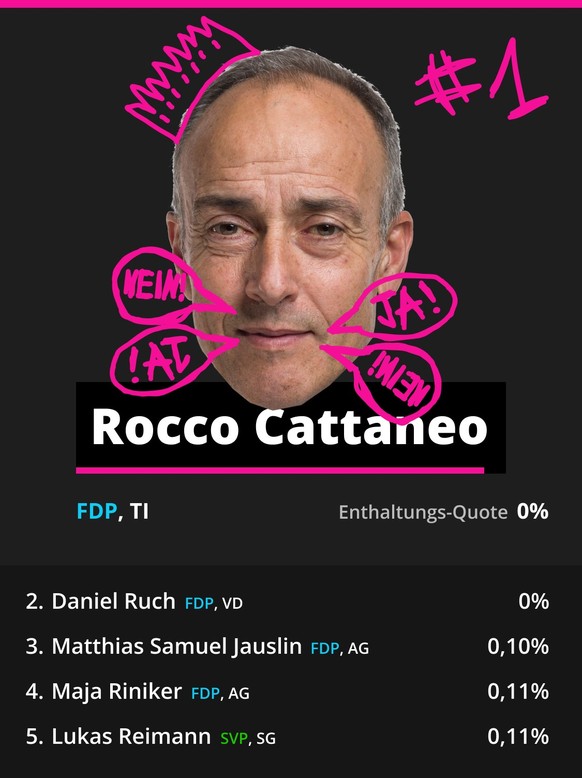 Liste Parlamentarierinnen und Parlamentarier zur tiefesten Enhaltungsquote. Rocco Cattaneo, Daniel Ruch, Matthias Samuel Jauslin, Maja Riniker, Lukas Reimann