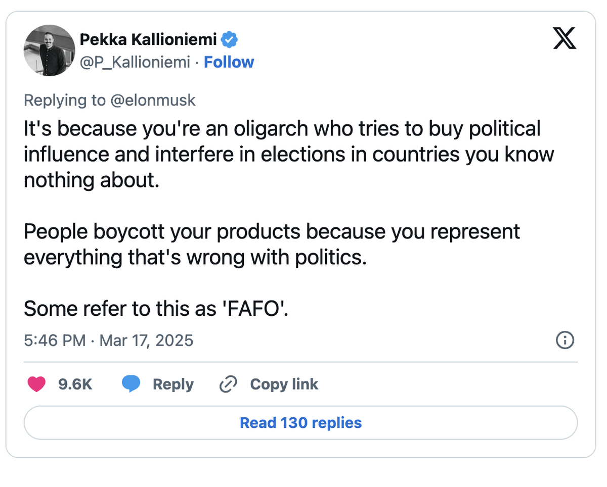 «Weil du ein Oligarch bist, der versucht, politischen Einfluss zu kaufen und sich in Wahlen in Ländern einzumischen, von denen du nichts weisst. Die Menschen boykottieren deine Produkte, weil du für a ...