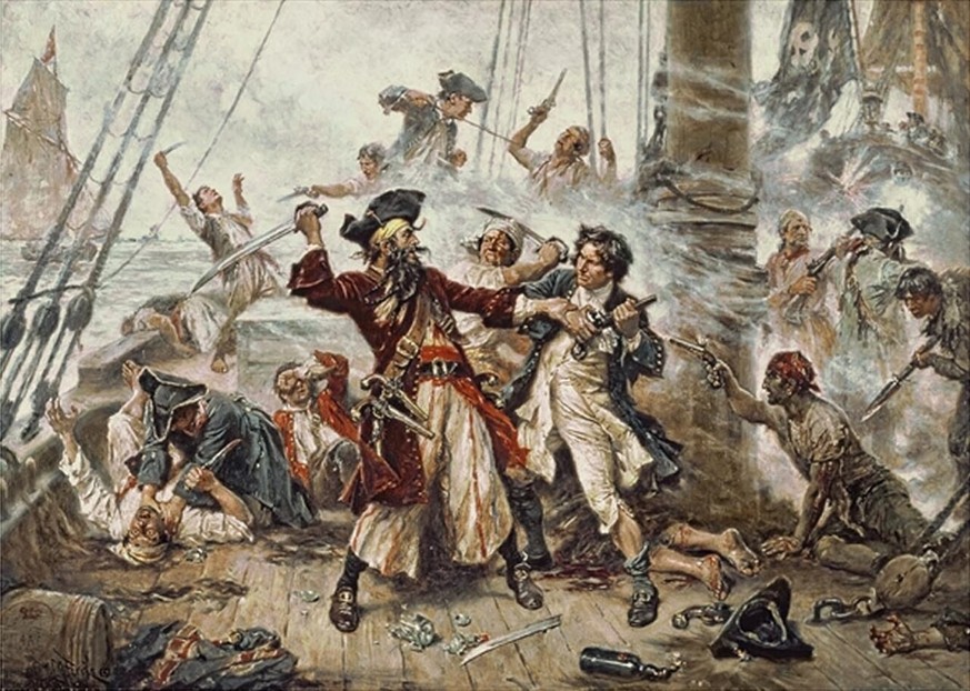 Blackbeard im Kampf mit Robert Maynard auf dem Höhepunkt des Goldenen Zeitalters (Gemälde von Jean Leon Gerome Ferris, 1920)

https://de.wikipedia.org/wiki/Goldenes_Zeitalter_(Piraterie)#/media/Datei: ...