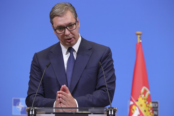 Serbian President Aleksandar Vucic speaks during a media conference after a meeting with NATO Secretary General Jens Stoltenberg at NATO headquarters in Brussels, Wednesday, Aug. 17, 2022. (AP Photo/O ...