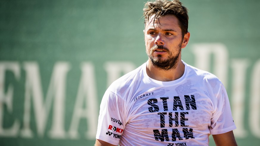 Le joueur de tennis suisse Stanislas &quot;Stan&quot; Wawrinka reagit a l&#039;occasion d&#039;un entrainement au Tennis Club Nyon le vendredi 7 aout 2020 a Nyon. (KEYSTONE/Jean-Christophe Bott)