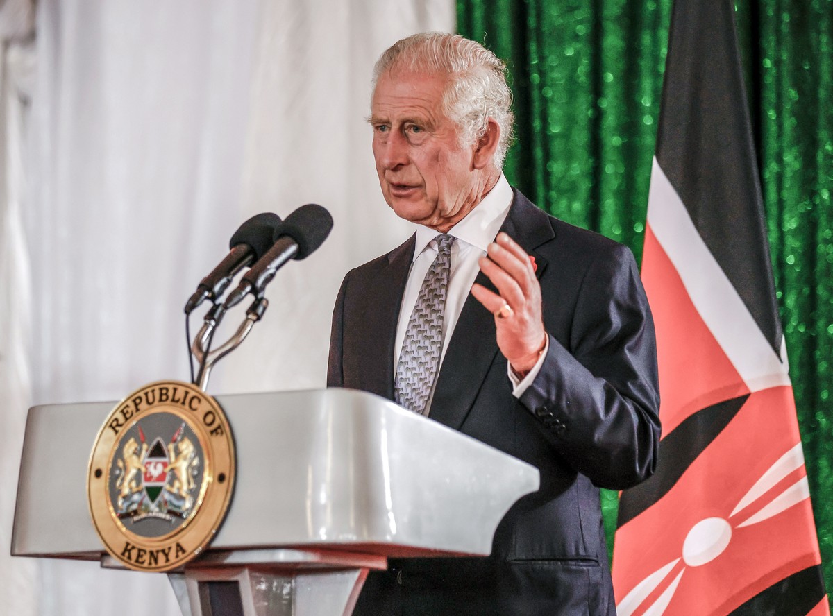 epa10951186 Britain's King Charles III delivers his speech during the State Banquet hosted by Kenyan President Ruto at the State House in Nairobi, Kenya, 31 October 2023. King Charles is in Kenya ...