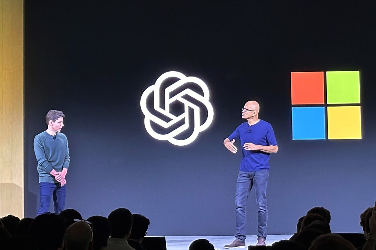 Sam Altman, left, CEO of OpenAI, appears onstage with Microsoft CEO Satya Nadella at OpenAI DevDay, OpenAI's first developer conference, on Monday, Nov. 6, 2023 in San Francisco. (AP Photo/Barbar ...