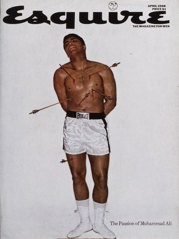 This photo supplied by the Magazine Publishers Association and American Society of Magazine Editors shows April 1968 cover from Esquire of boxer Muhammad Ali with arrows in his body which came in as t ...