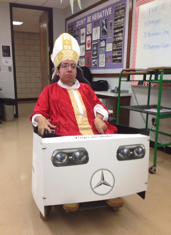 Halloween costume with wheelchair.