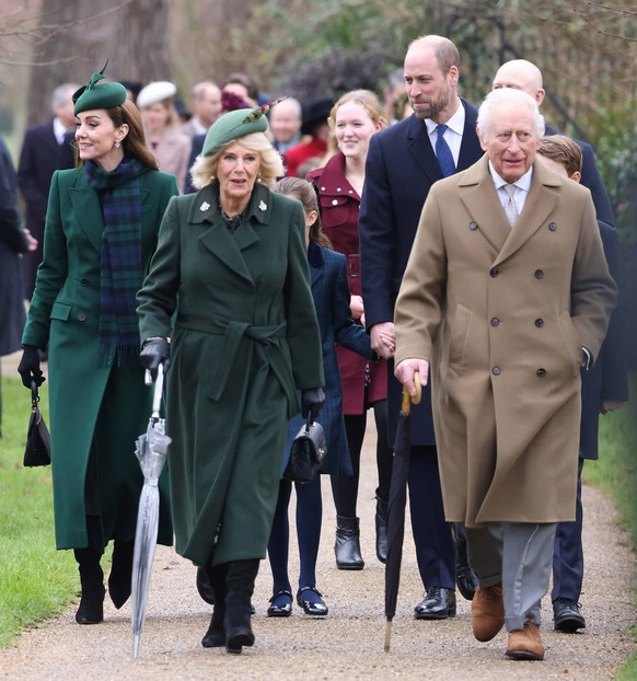 British Royal Family at Sandringham Sandringham. Norfolk. UK. King Charles and Queen Camilla with Prince and Princess of Wales. at the Christmas Day service at St. Mary Magdalene. 25th December 2024.  ...