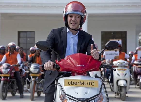 FILE - In this Dec. 13, 2016, file photo, Uber CEO Travis Kalanick, poses during the launch of its bike-sharing product, uberMOTO, in Hyderabad, India. Kalanick has quit President Donald Trump&#039;s  ...