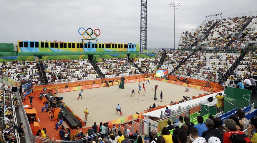 Overall view of the Olympic beach volleyball venue as Brazil plays Austria during a men&#039;s beach volleyball match at the 2016 Summer Olympics in Rio de Janeiro, Brazil, Monday, Aug. 8, 2016. (AP P ...