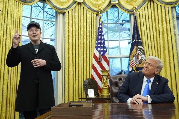 President Donald Trump listens as Elon Musk speaks in the Oval Office at the White House, Tuesday, Feb. 11, 2025, in Washington. (Photo/Alex Brandon)
Donald Trump