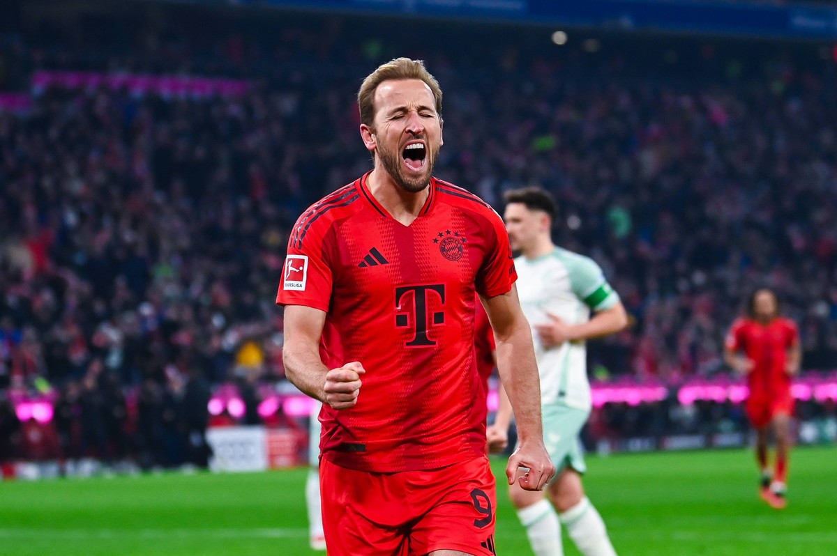 Harry Kane FC Bayern Muenchen schreit und bejubelt sein erstes Tor waehrend des Spiels der 1. Bundesliga zwischen FC Bayern M�nchen und SV Werder Bremen, Allianz Arena am 07. February 2025 in M�nchen, ...