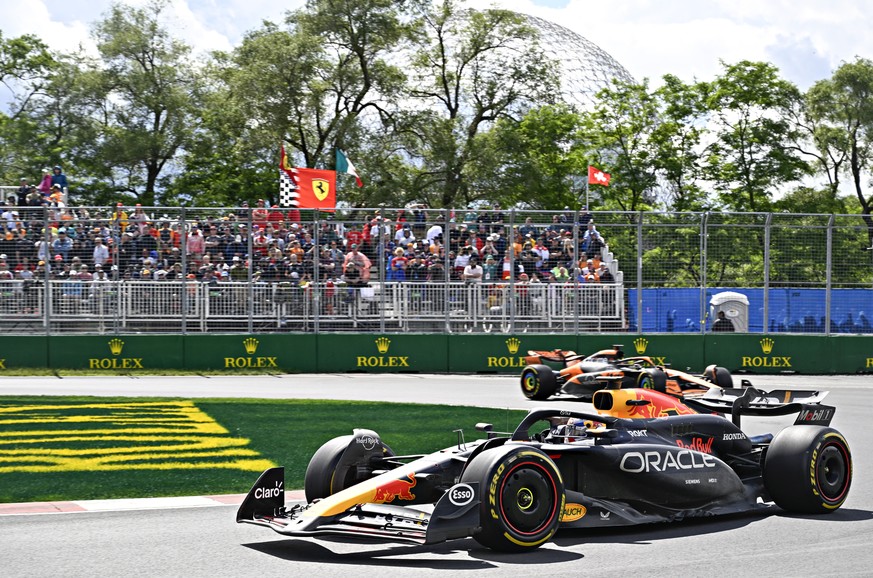 Red Bull Racing driver Max Verstappen, of the Netherlands, heads to victory at the Formula 1 Canadian Grand Prix auto race in Montreal, Sunday, June 9, 2024. (Jacques Boissinot/The Canadian Press via  ...