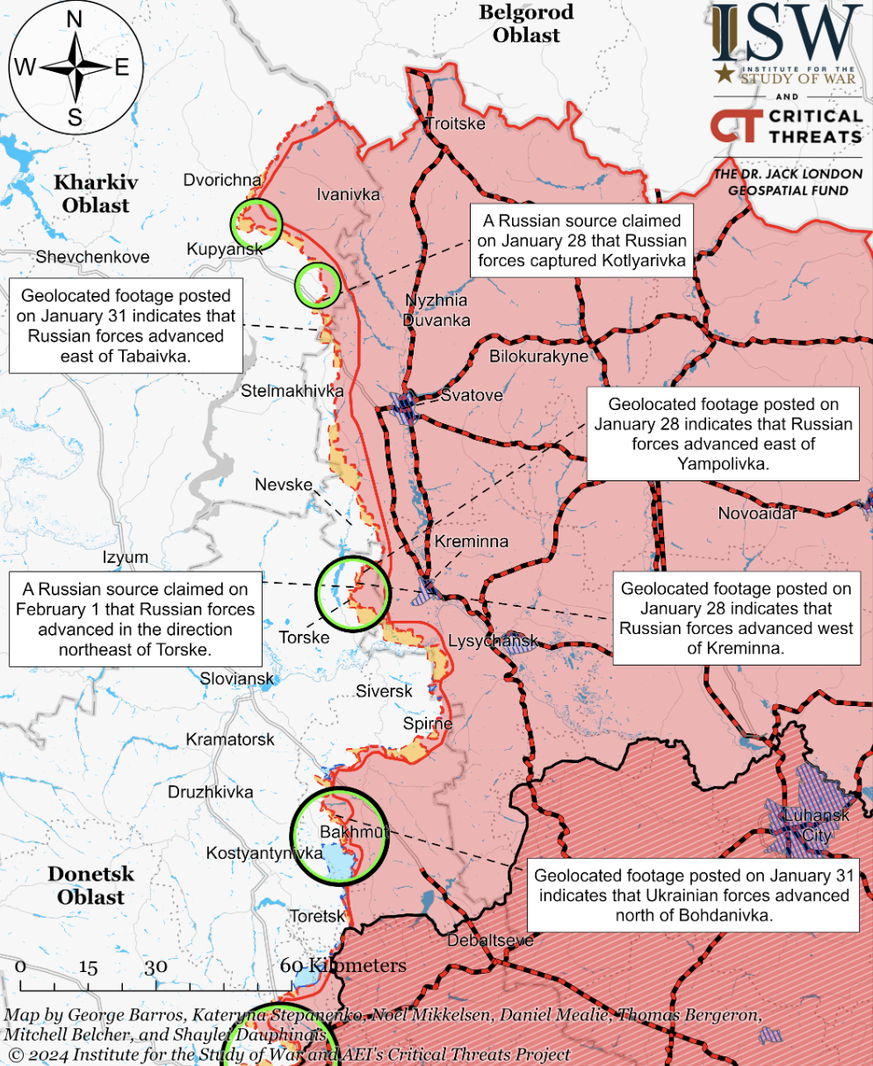 Grafik Institute for the Study of War Frontverlauf Ukraine 1. Februar 2024