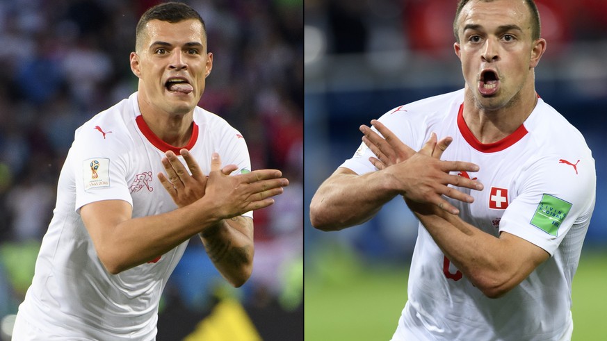 epa06832171 A combo of two pictures shows the celebration for the first goal of Switzerland's midfielder Granit Xhaka, (L), and the victory goal of Switzerland's midfielder Xherdan Shaqiri, (R), both  ...