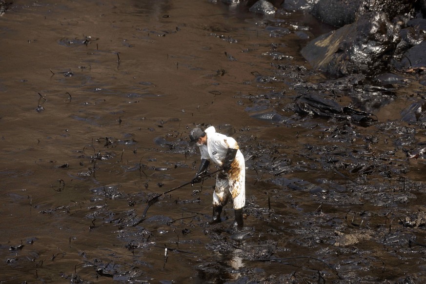 epa09695626 Work continues to clean up the oil spill spilled into the Pacific Ocean from the Peruvian refinery of La Pampilla, by the tsunami from the volcanic eruption of Tonga, at the north of Lima, ...