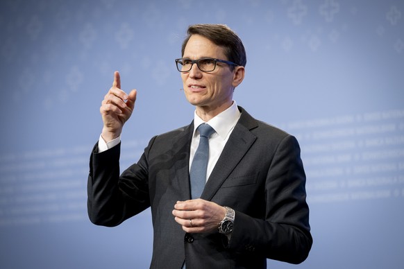 epa11691998 Chairman of the Governing Board of the Swiss National Bank (SNB), Martin Schlegel, addresses the media at a press conference regarding a new series of banknotes, in Bern, Switzerland, 30 O ...