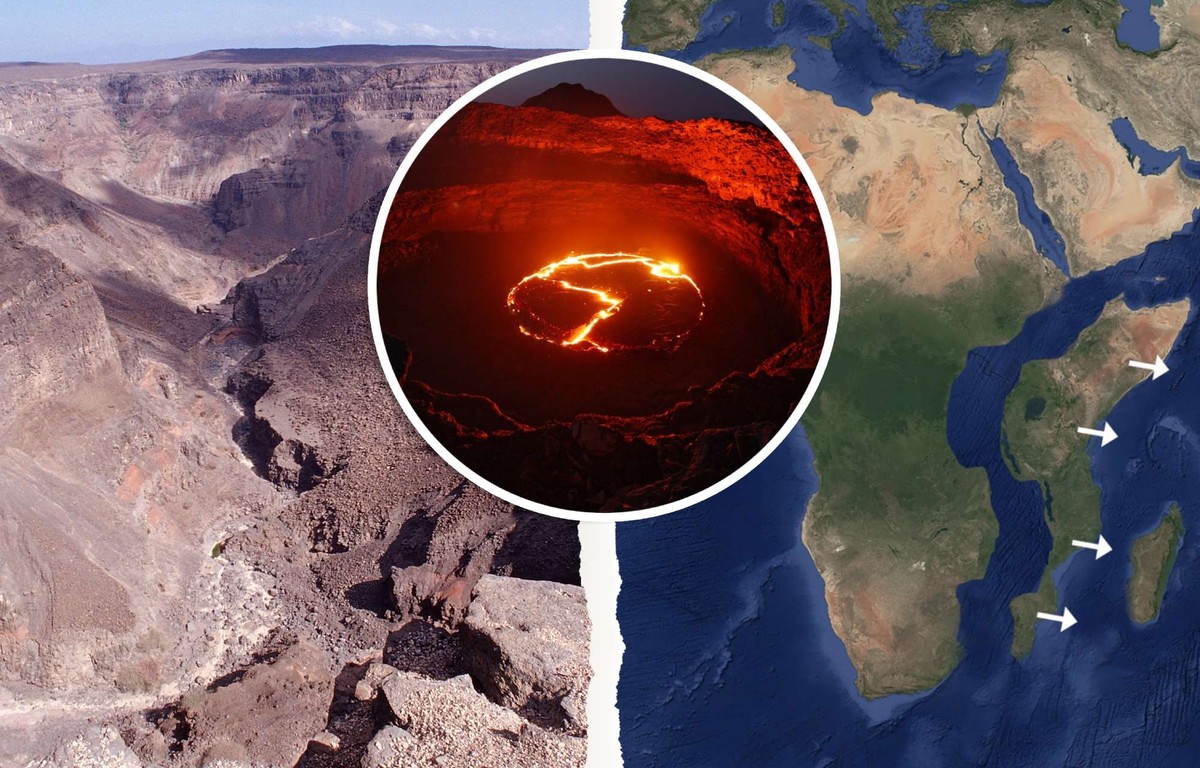 L'Afrique se scinde. Ici, une faille dans les Gorges de l'Afar, Djibouti et une éruption volcanique de l'Erta Ale, un volcan bouclier d'Ethiopie situe dans le Triangle de l'Af ...