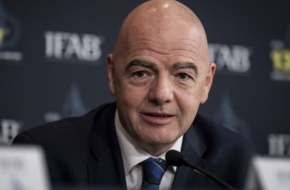 FIFA President Gianni Infantino speaks during the 137th IFAB AGM at Marriott Hotel County Hall, London, Saturday March 4, 2023.(Aaron Chown/PA via AP)