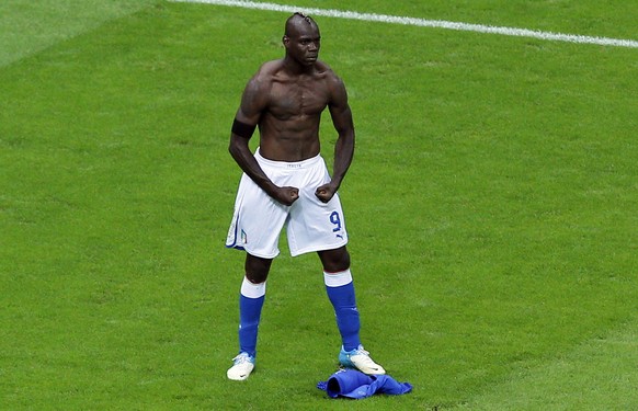 Italy&#039;s Mario Balotelli celebrates scoring his side&#039;s second goal during the Euro 2012 soccer championship semifinal match between Germany and Italy in Warsaw, Poland, Thursday, June 28, 201 ...