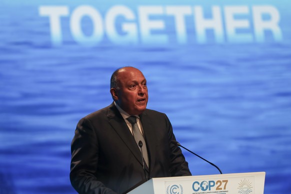 epa10300319 COP27 President Sameh Shoukry speaks during the &#039;Accelerating Adaptation Action in Africa&#039; meeting at the 2022 United Nations Climate Change Conference (COP27), in Sharm El-Sheik ...