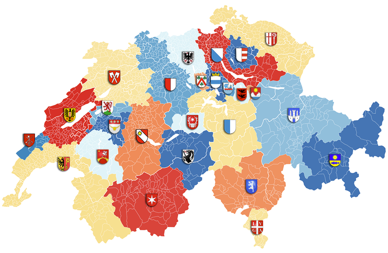 Das sind die neuen Kantone der Schweiz mit den Wappen der jeweiligen Hauptorte.