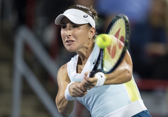 Belinda Bencic, of Switzerland, hits a return to Liudmila Samsonova, of Russia, during the National Bank Open women?s tennis tournament Friday, Aug. 11, 2023, in Montreal. (Christinne Muschi/The Canad ...