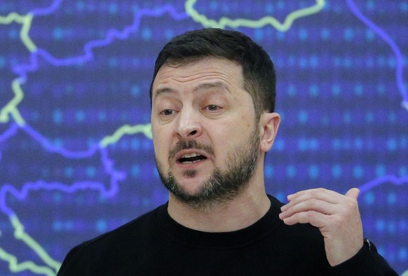 epa10445690 Ukrainian President Volodymyr Zelensky speaks during a meeting with the media after the Ukraine - EU Summit in Kiev, Ukraine, February 03, 2023. Ursula von der Leyen and and Charles Michel follow ...