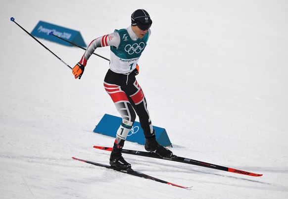 epa06523543 Franz-Josef Rehrl of Austria in action during the Cross Country portion of the Nordic Combined Individual Normal Hill / 10 km competition at the Alpensia Ski Jumping Centre during the Pyeo ...