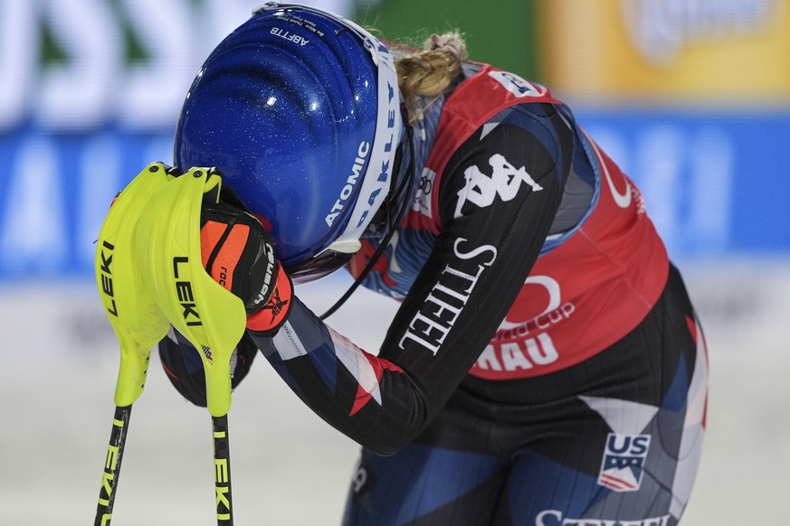 United States&#039; Mikaela Shiffrin reacts after winning an alpine ski, women&#039;s World Cup slalom in Flachau, Austria, Tuesday, Jan.16, 2024. (AP Photo/Giovanni Auletta)