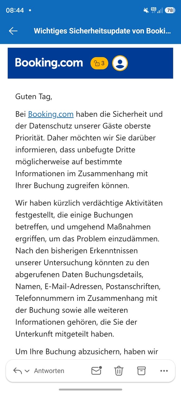 Booking informiert Kunden per E-Mail über eine Sicherheitspanne.