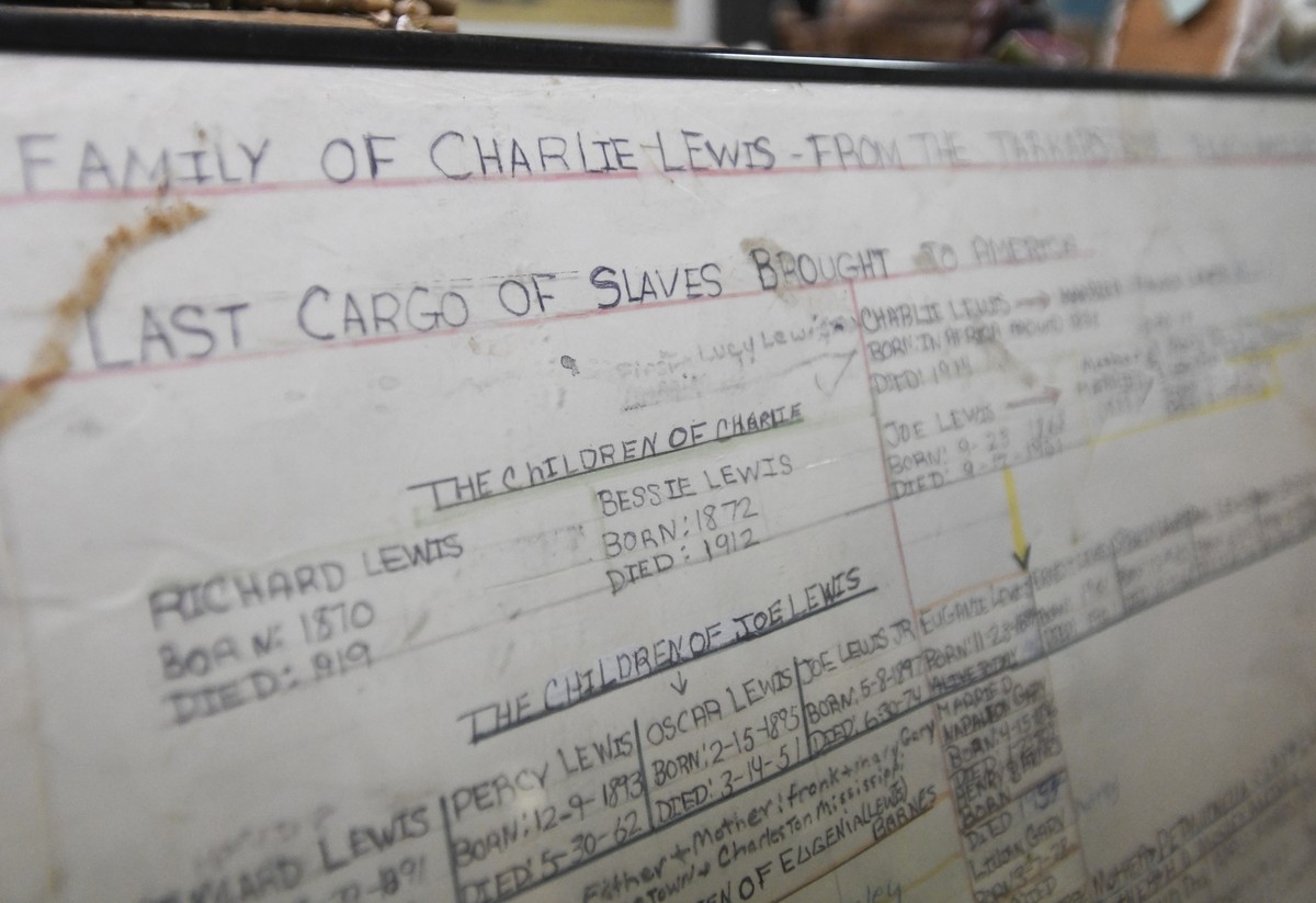 Lorna Gail Woods, a direct descendant of Clotilda survivor Charlie Lewis, explains her family tree in Africatown in Mobile, Ala., on Tuesday, Jan. 29, 2019. Woods grew up in Africatown and now keeps a ...