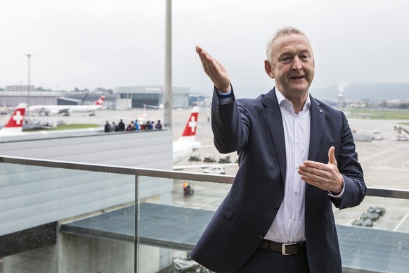 Thomas Kluehr, CEO Swiss International Air Lines, spricht beim 70-Jaehrigen Jubilaeum des Flughafen Zuerich am Samstag, 1. September 2018, in Kloten. (KEYSTONE/Alexandra Wey)