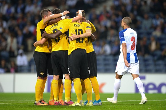 epa07854324 Young Boys players celebrate after scoring a penalty goal against FC Porto during their UEFA Europa League Group G soccer match at Dragao stadium, Porto, Portugal, 19 September 2019. EPA/F ...