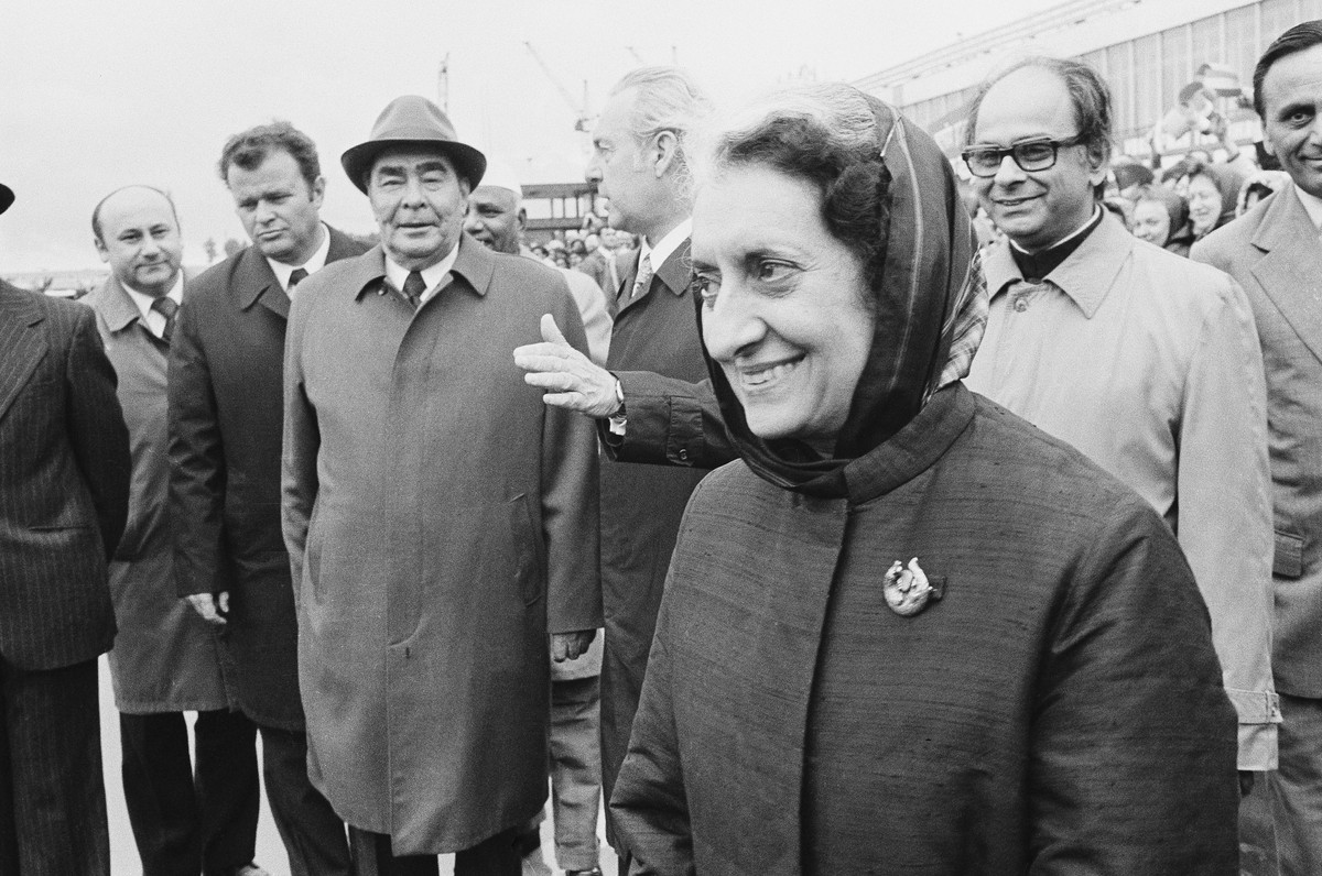 FILE- India's Prime Minister Indira Gandhi arrives in Moscow on June 8, 1976, on her first official trip abroad since she declared a national emergency in India almost a year ago. Soviet leader L ...