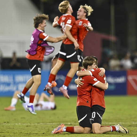 Austria v Italy : Semi-final- FIFA U-17 World Cup Qatar 2025 Players of Austria celebrate after winning the FIFA U-17 World Cup Qatar 2025 Semi-final match between Austria and Italy in Doha, Qatar, on ...