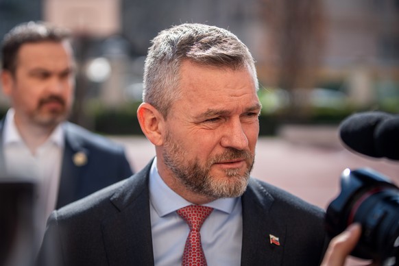 epa11238454 Slovakia&#039;s Parliament speaker and presidential candidate, Peter Pellegrini, speaks to the press after casting his ballot in the first round of Slovakia&#039;s presidential election in ...