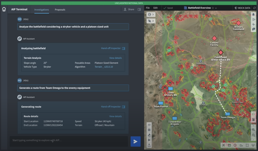Palantir Artificial Intelligence Platform (AIP): The optimal route to the military target is also determined by the AI.  (Source: Palantir / Screenshot)