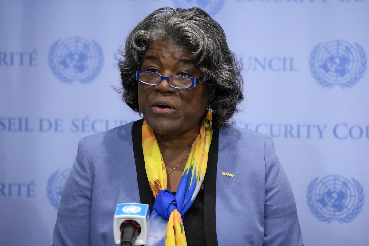 Linda Thomas-Greenfield, United States Ambassador to the United Nations, speaks after a meeting of the United Nations Security Council to discuss the war in Ukraine, Thursday, Aug. 24, 2023, at United ...