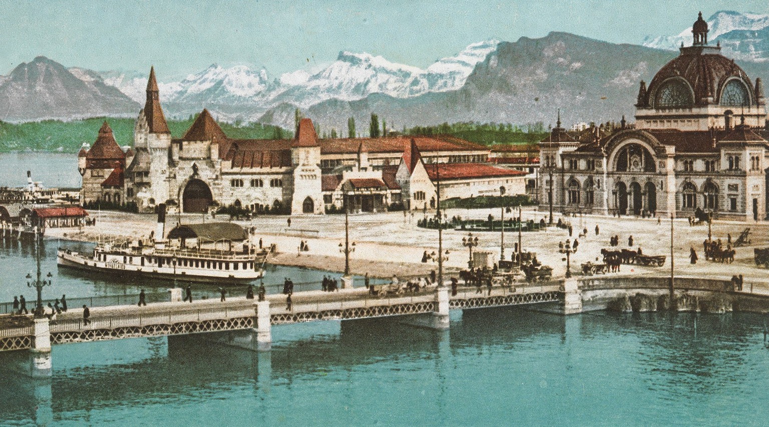 Festhütte, eigens errichtet für das eidgenössische Schützenfest 1901 in Luzern: eine mittelalterliche Burg am exponiertesten Standort der Stadt, anschliessend genutzt als Internationales Kriegs- und F ...