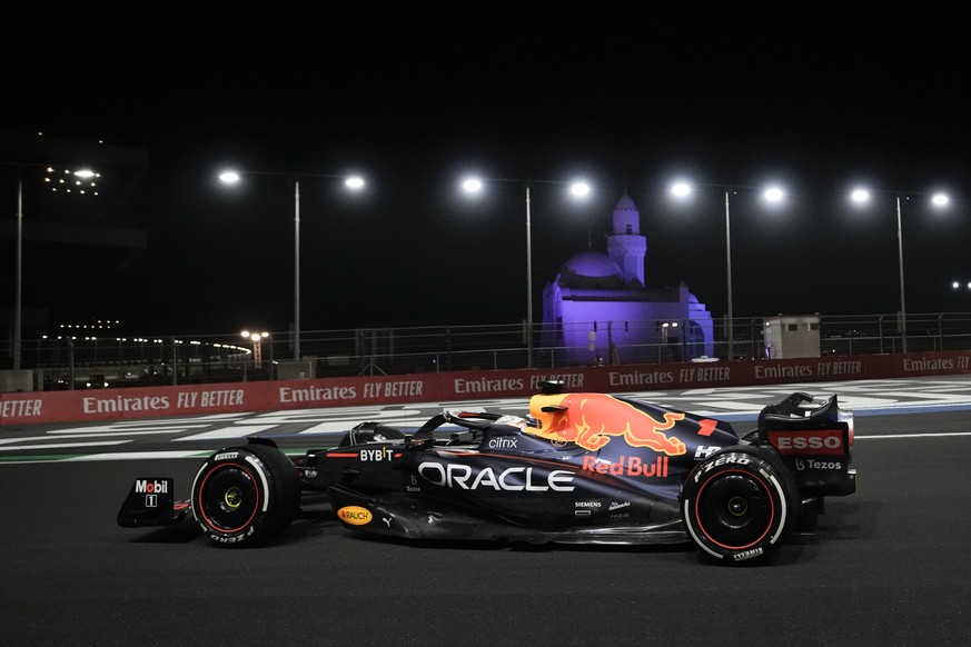 Red Bull driver Max Verstappen of the Netherlands steers his car during the Formula One Grand Prix it in Jiddah, Saudi Arabia, Sunday, March 27, 2022. (AP Photo/Hassan Ammar)