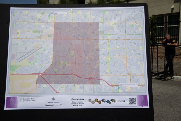 An evacuation map is displayed at the incident command post at the Los Alamitos Race Course in Cypress, Calif., on Sunday, May 24, 2026. (AP Photo/Ethan Swope)
Southern California Chemical Tank