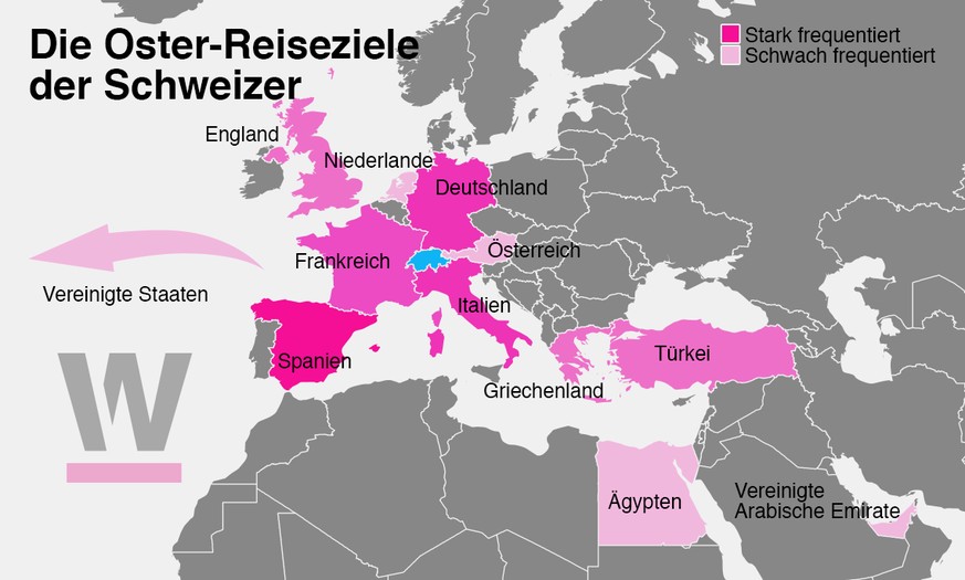 Je dunkler die Einfärbung, desto stärker wird das Land dieses Jahr zu Ostern von Schweizer Besuchern frequentiert.