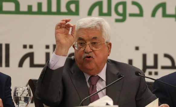 epa06710554 (FILE) - Palestinian President Mahmoud Abbas addresses the 9th annual Islamic Beit al-Maqdes International Conference, at his presidency compound in the West Bank town of Ramallah, 11 Apri ...