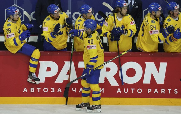 Andreas Wingerli of Sweden celebrates a goal during the Ice Hockey World Championship group A match between Sweden and Czech Republic at the Olympic Sports Center in Riga, Latvia, Thursday May 27, 202 ...