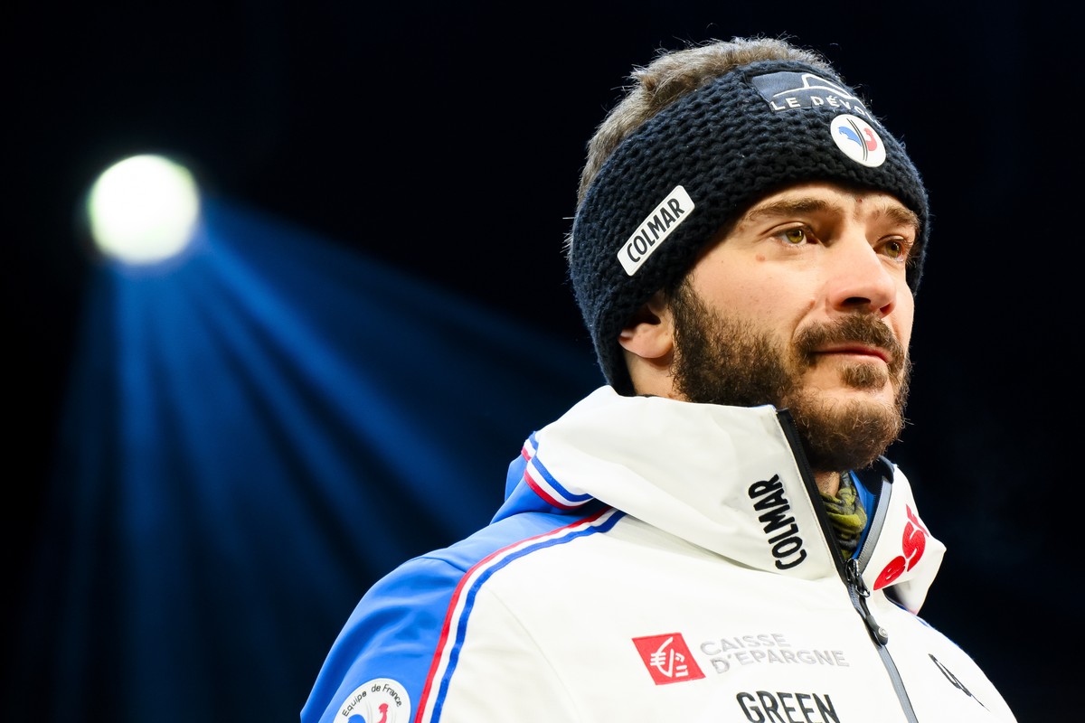epa11074345 Second placed Cyprien Sarrazin of France celebrates during the Awards ceremony of the men's downhill race at the Alpine Skiing FIS Ski World Cup in Wengen, Switzerland, 13 January 202 ...
