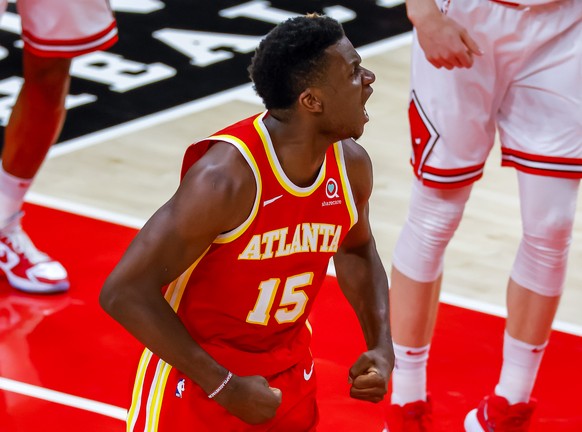 epa09173062 Atlanta Hawks center Clint Capela of Switzerland reacts against the Chicago Bulls during the second half of the NBA basketball game between the Chicago Bulls and the Atlanta Hawks at State ...